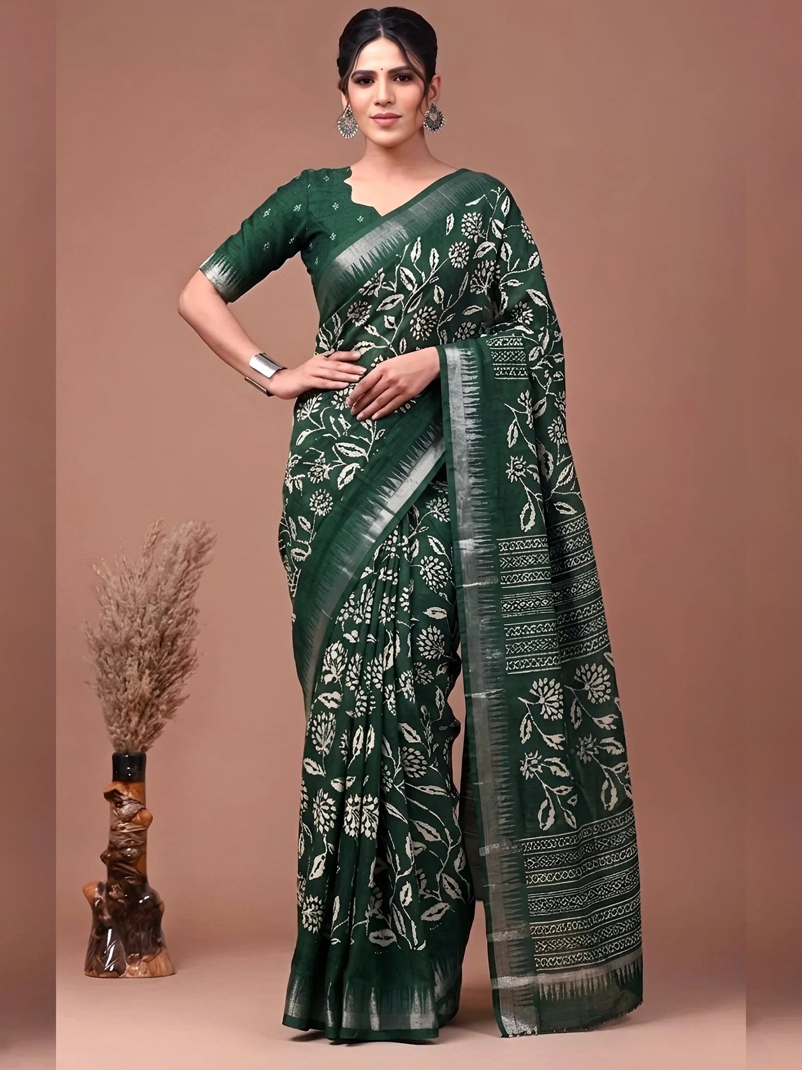 Fantastic Green Flower Print Silk Mehendi Wear Saree With Blouse