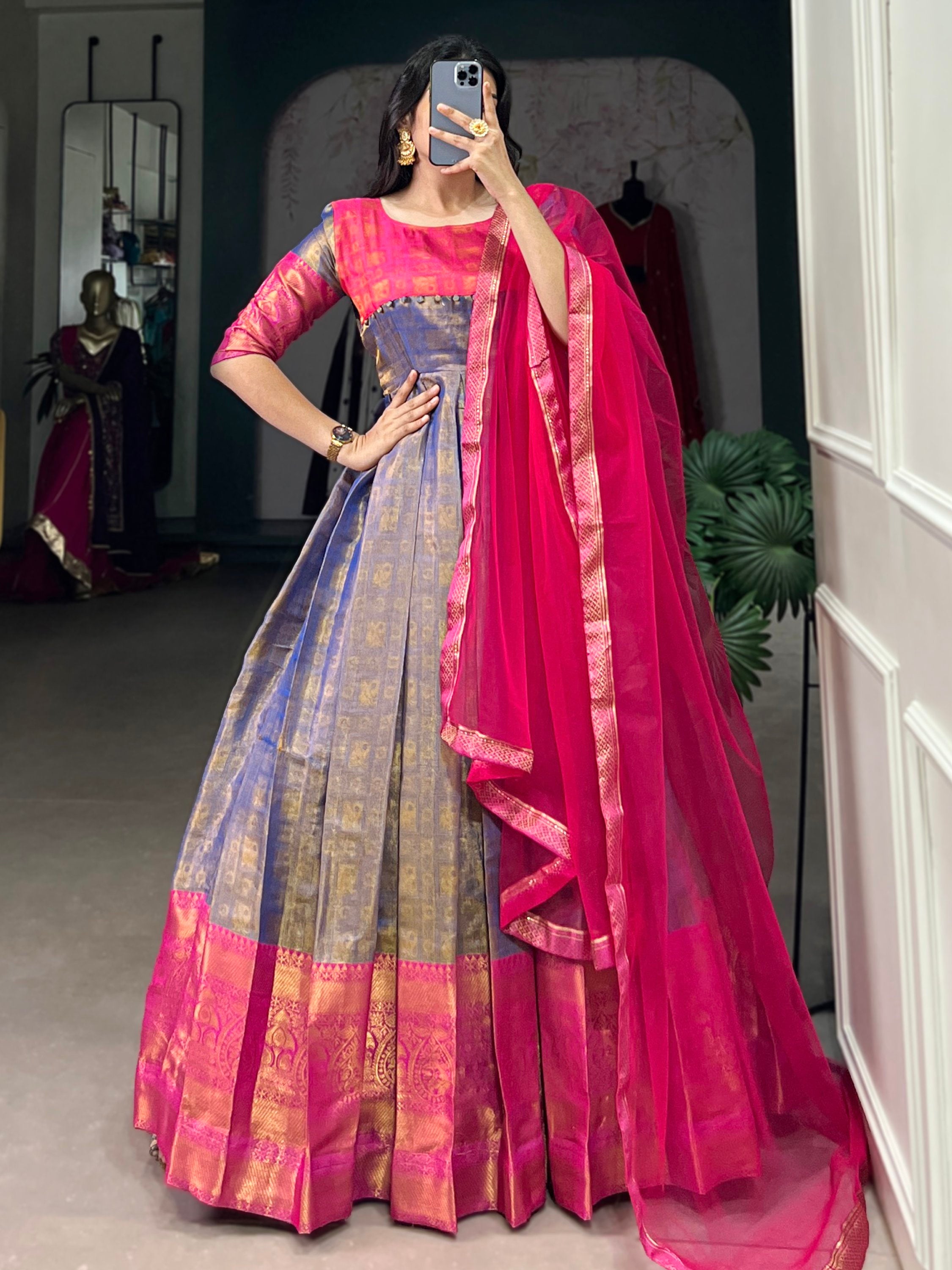 Timeless Blue Zari Weaving Silk Festive Wear Gown With Dupatta