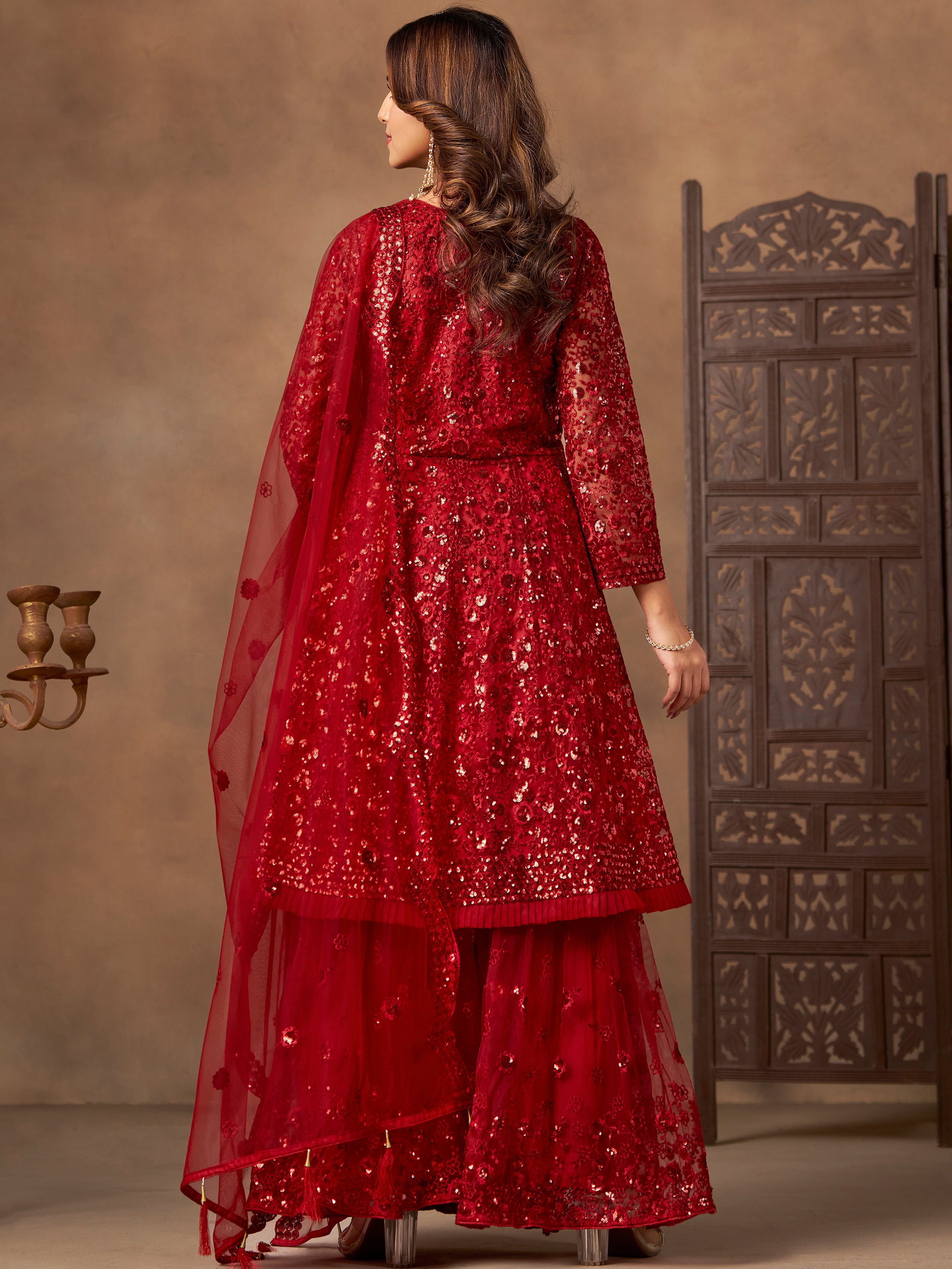 Outstanding Red Embroidered Net Function Wear Sharara Suit