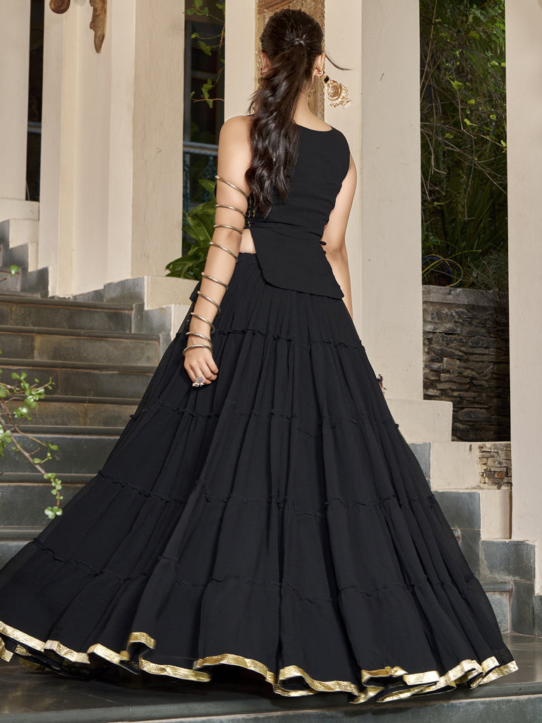 Captivating Black Laced Border Chiffon Event Wear Crop Top Lehenga