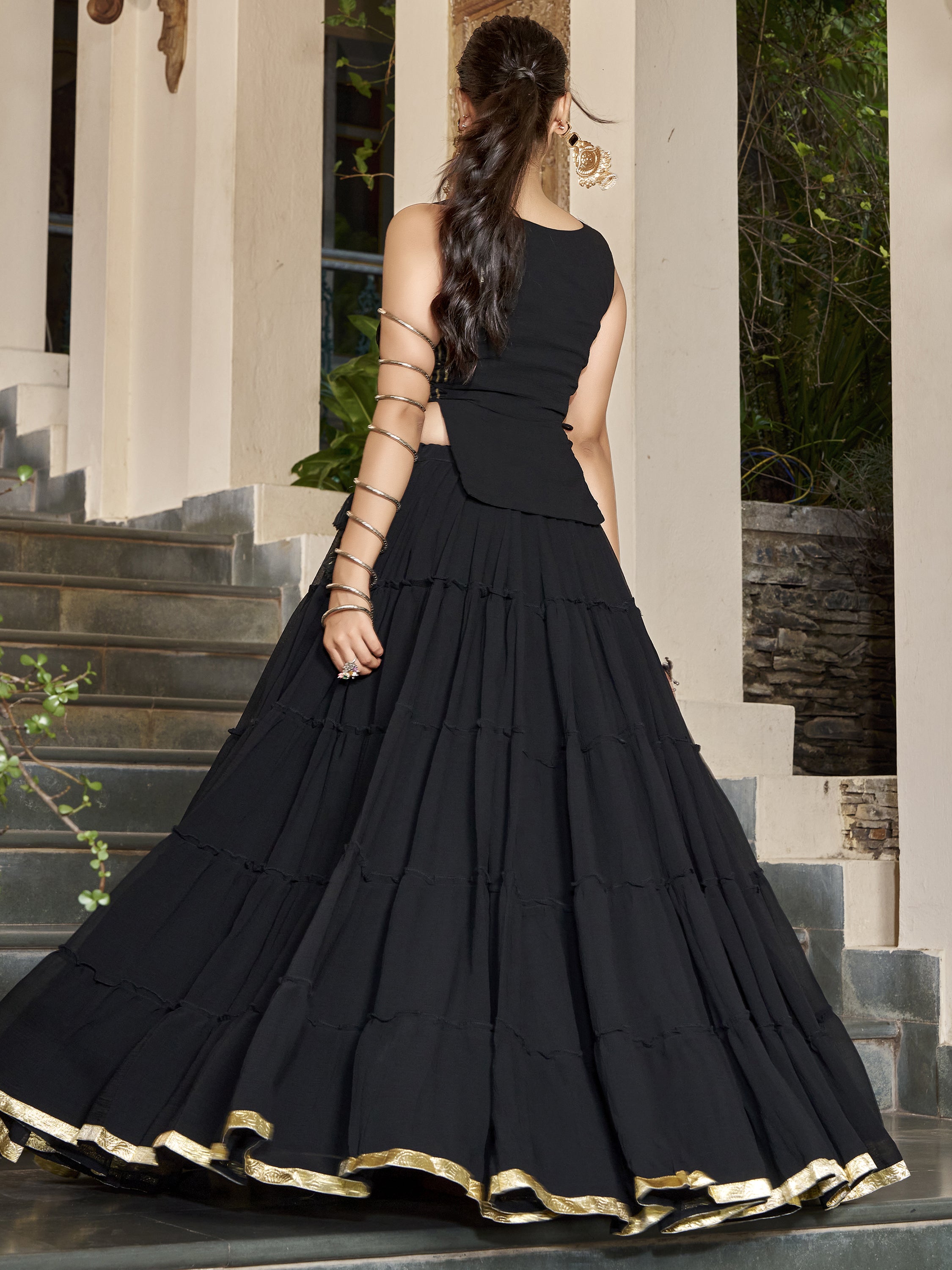Captivating Black Laced Border Chiffon Event Wear Crop Top Lehenga