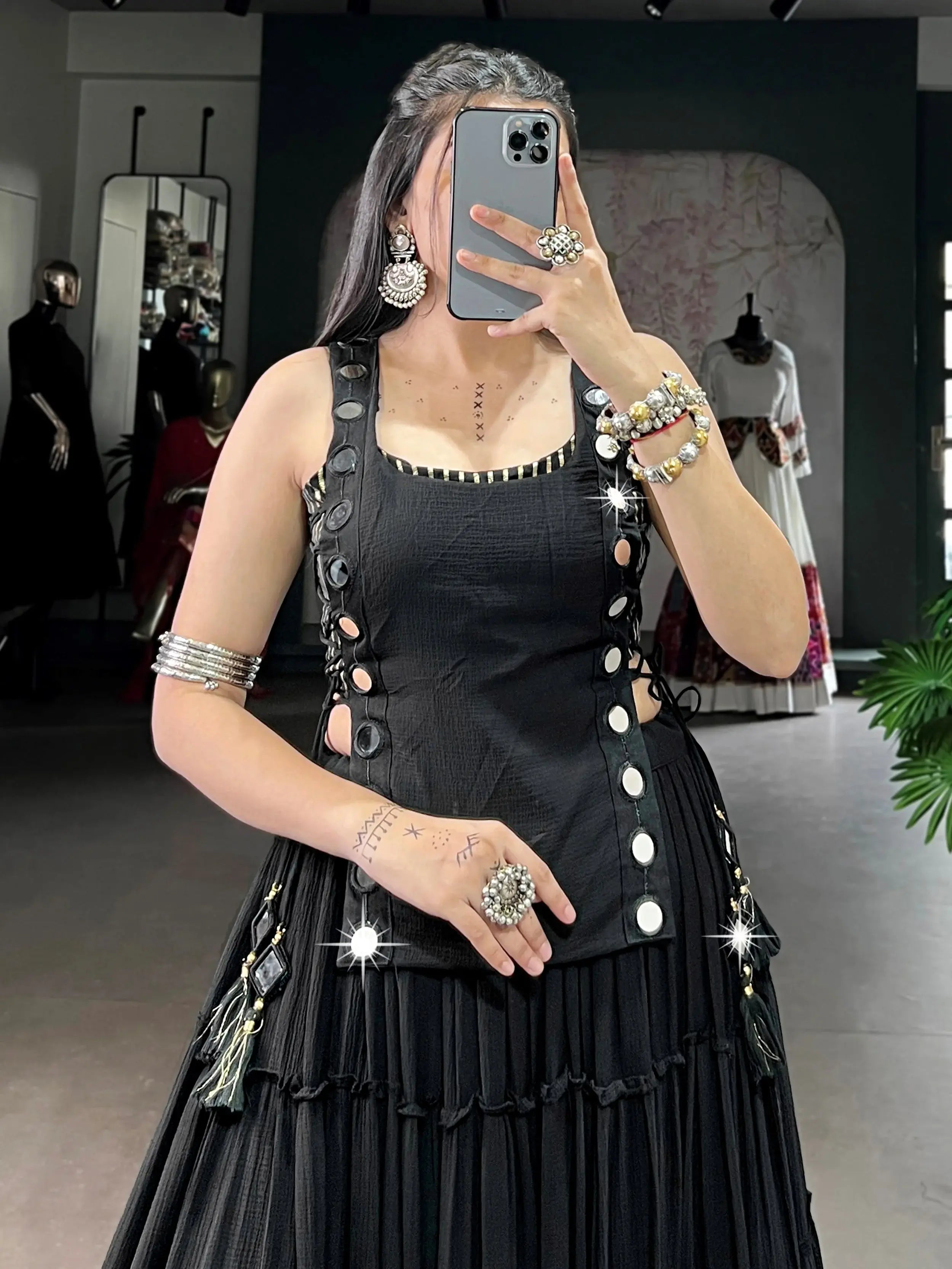 Graceful Black Mirror Work Chiffon Festival Wear Crop Top Lehenga  