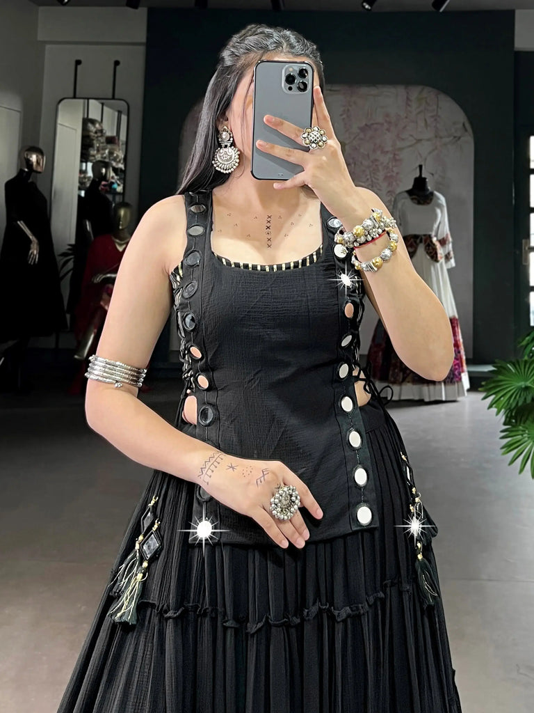 Graceful Black Mirror Work Chiffon Festival Wear Crop Top Lehenga  