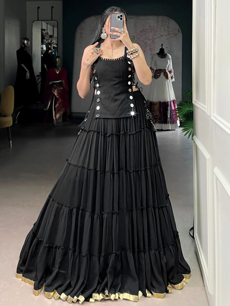 Graceful Black Mirror Work Chiffon Festival Wear Crop Top Lehenga  