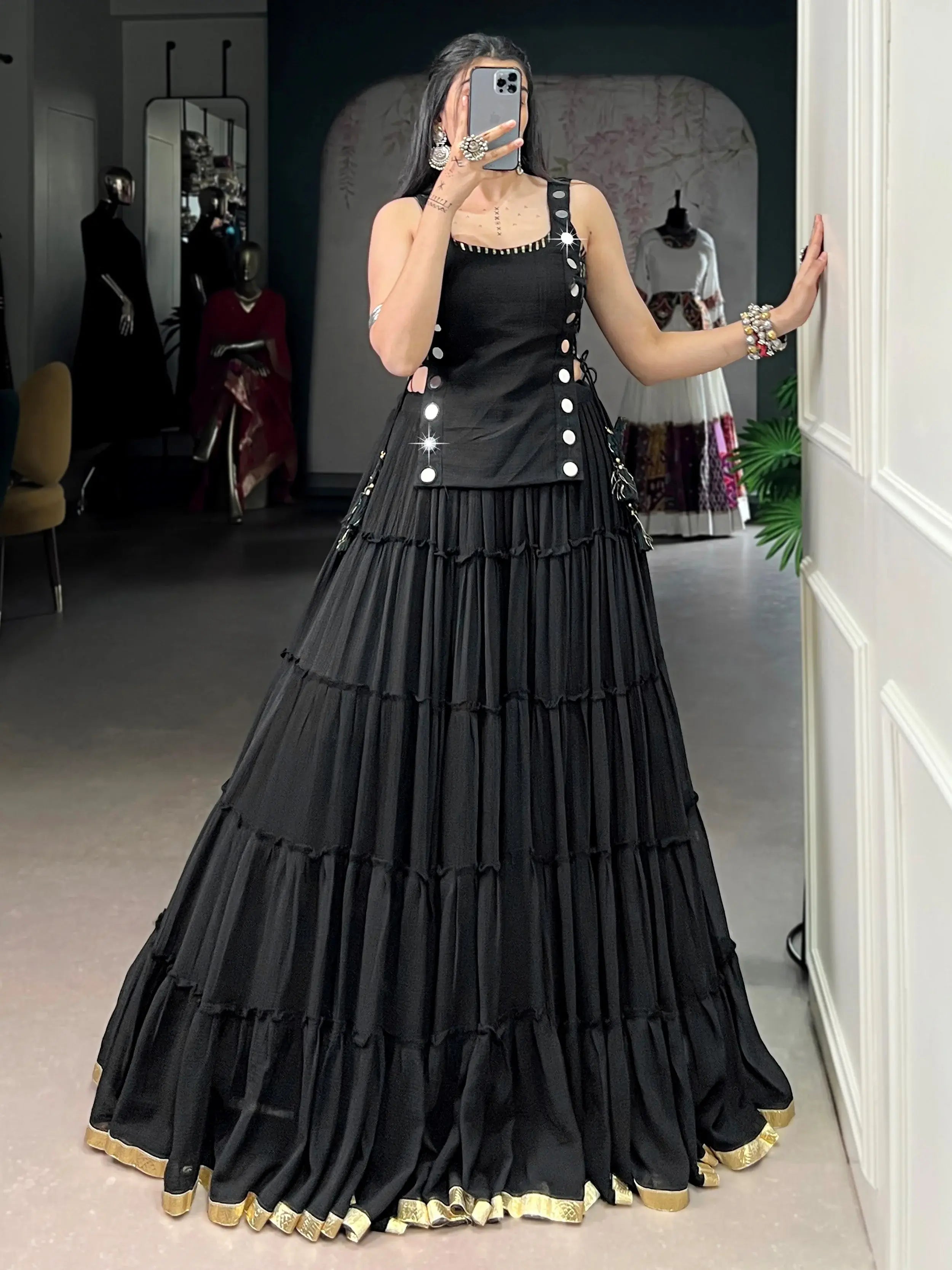 Graceful Black Mirror Work Chiffon Festival Wear Crop Top Lehenga  