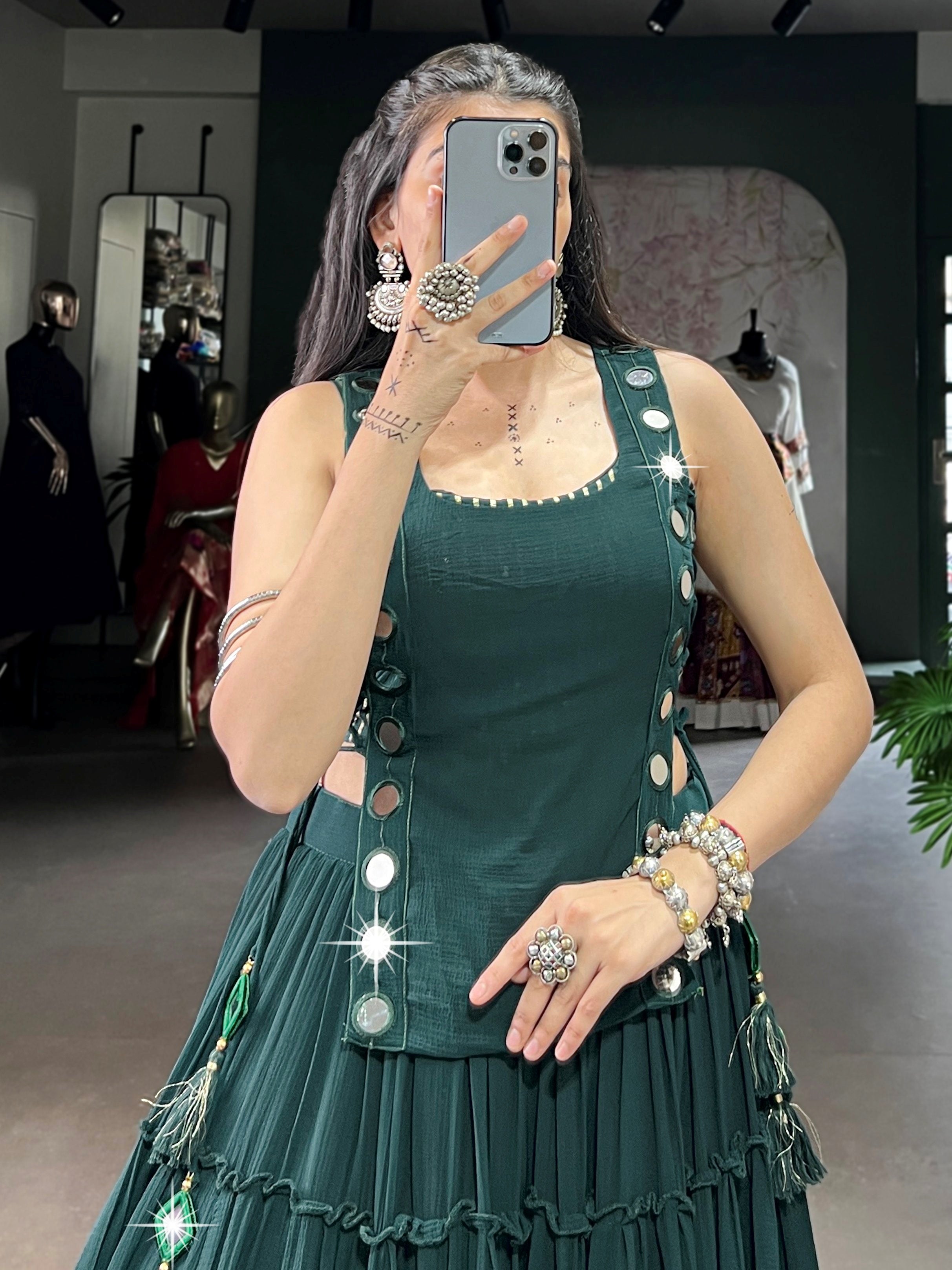 Stylish Green Chiffon Mehendi Wear Crop Top Lehenga With Koti