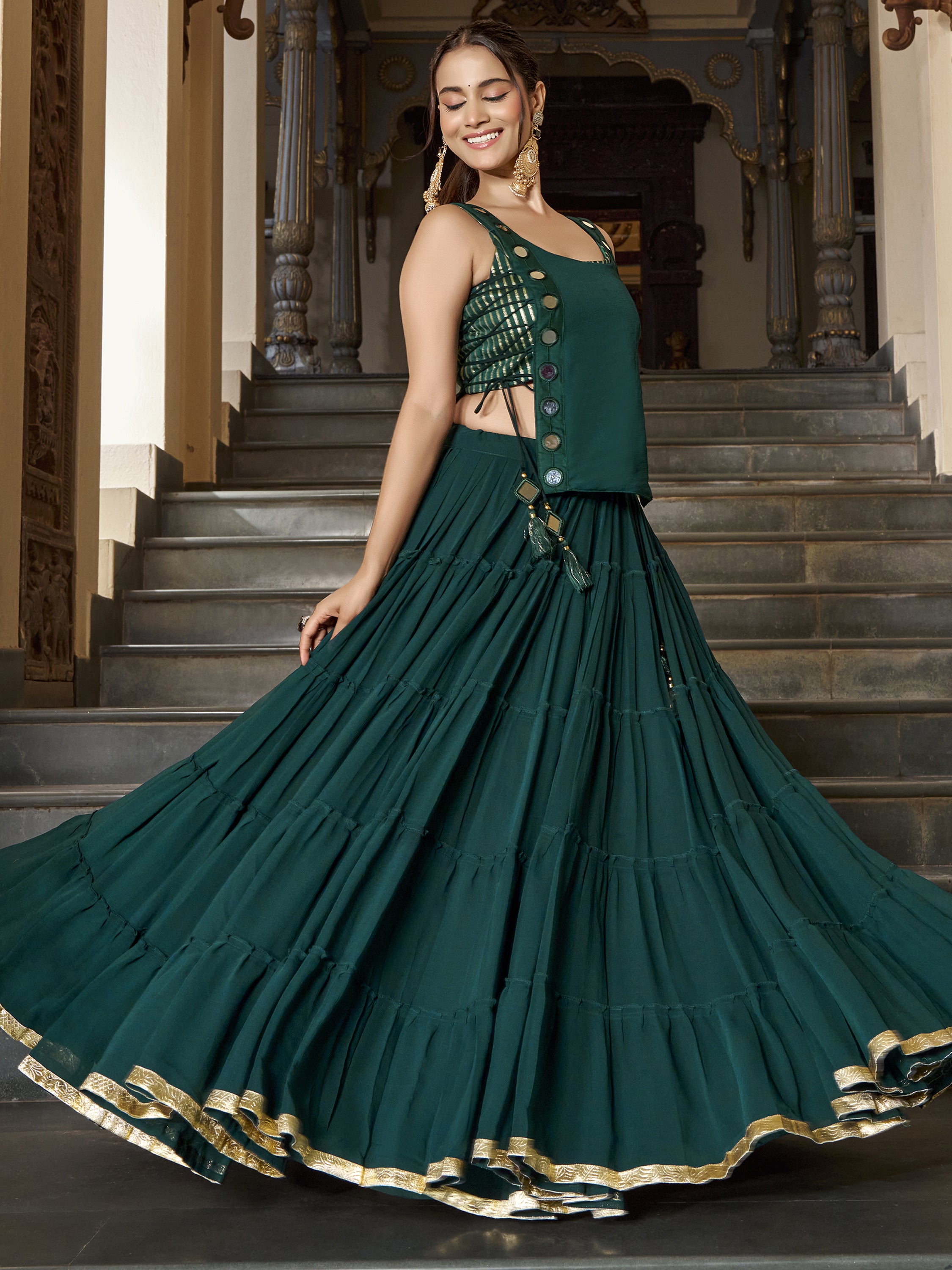 Glowing Bottle Green Mirror Work Chiffon Mehendi Wear Crop Top Lehenga