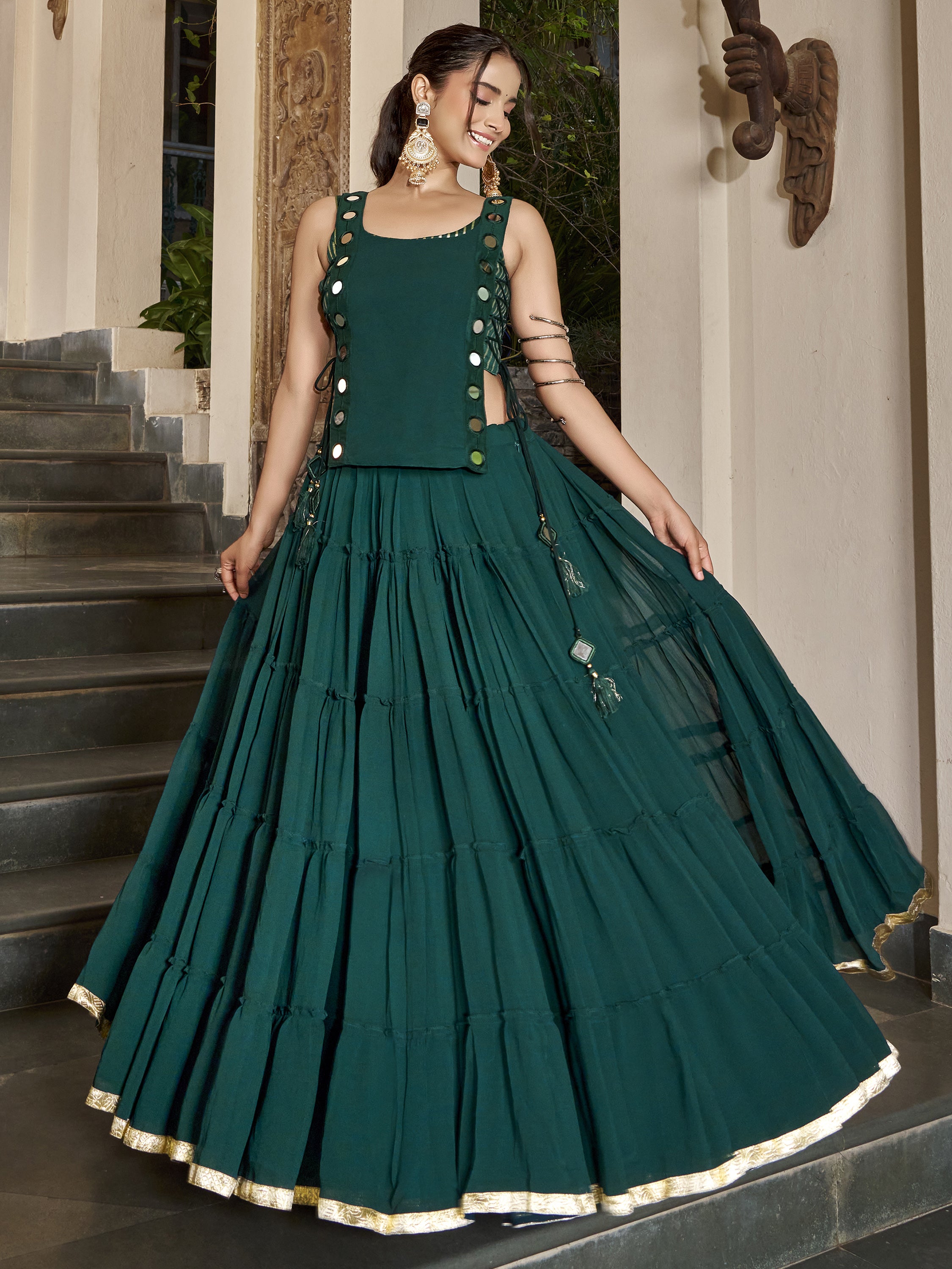 Glowing Bottle Green Mirror Work Chiffon Mehendi Wear Crop Top Lehenga