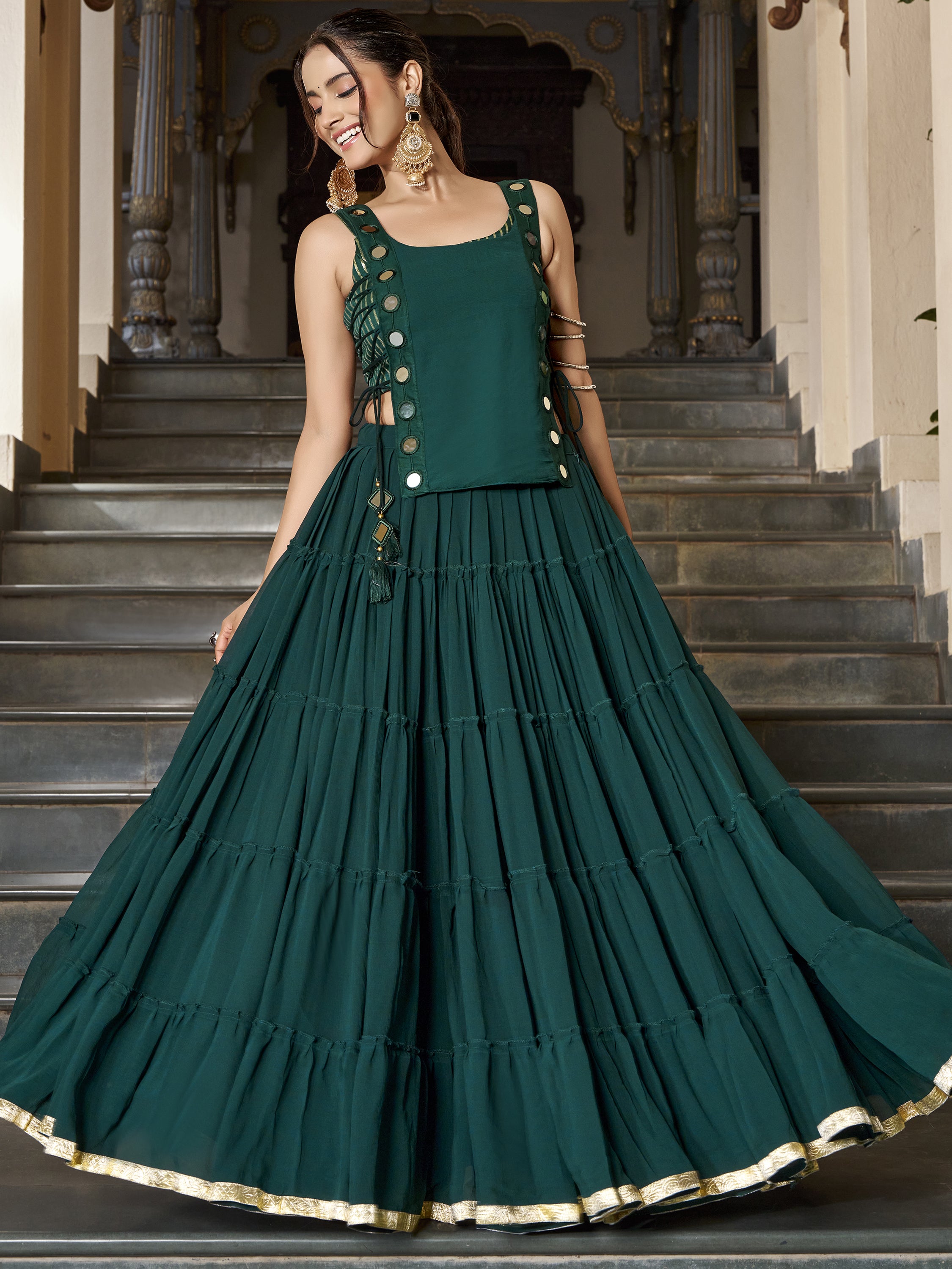 Glowing Bottle Green Mirror Work Chiffon Mehendi Wear Crop Top Lehenga