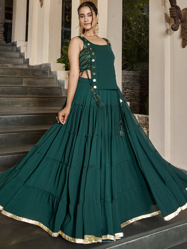 Glowing Bottle Green Mirror Work Chiffon Mehendi Wear Crop Top Lehenga