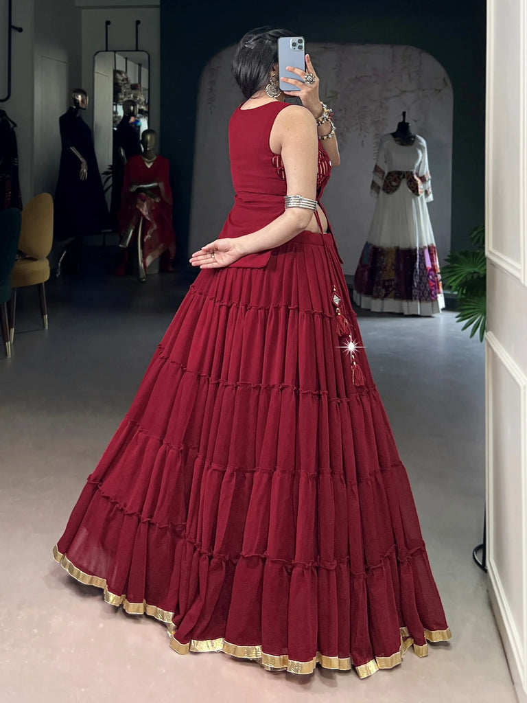 Fabulous Red Lace Work Chiffon Festive Wear Crop Top Lehenga With Koti