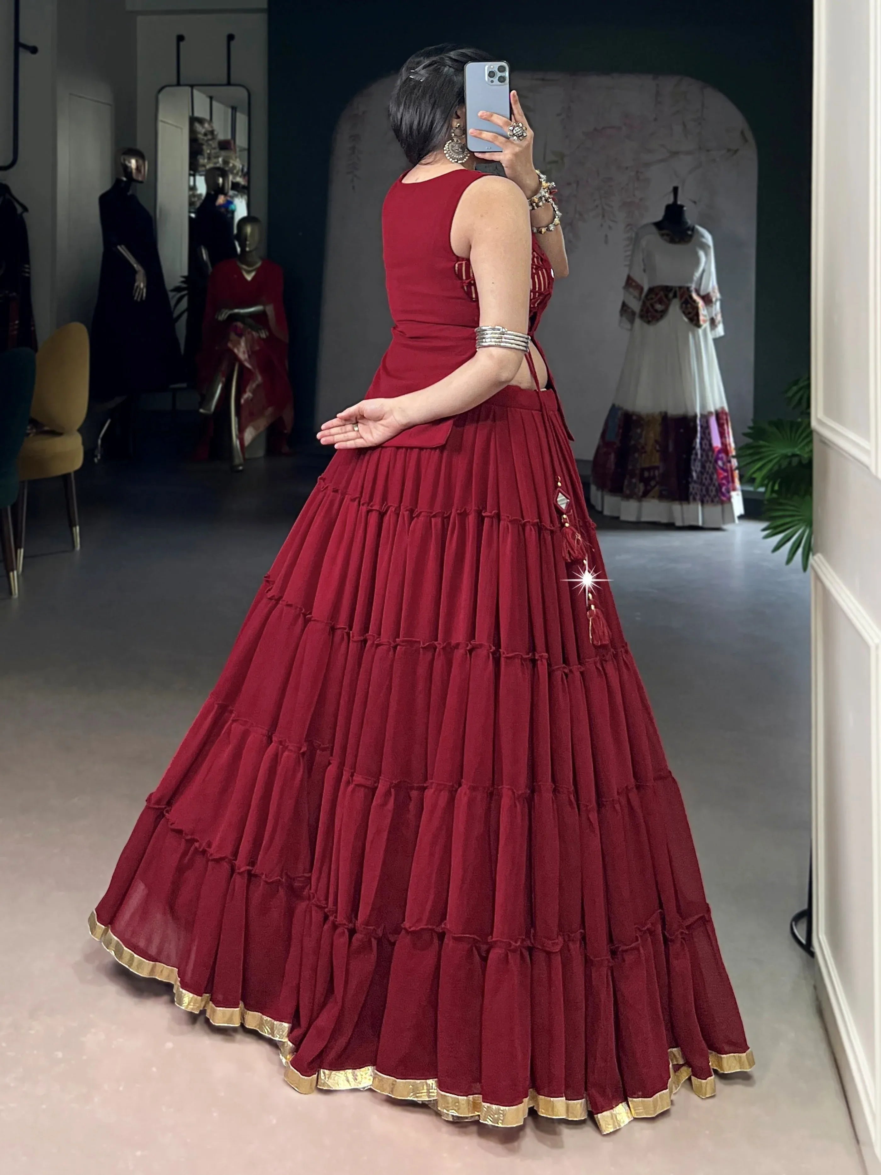 Fabulous Red Lace Work Chiffon Festive Wear Crop Top Lehenga With Koti