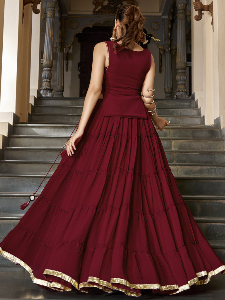 Beautiful Maroon Mirror Work Chiffon Wedding Wear Crop Top Lehenga