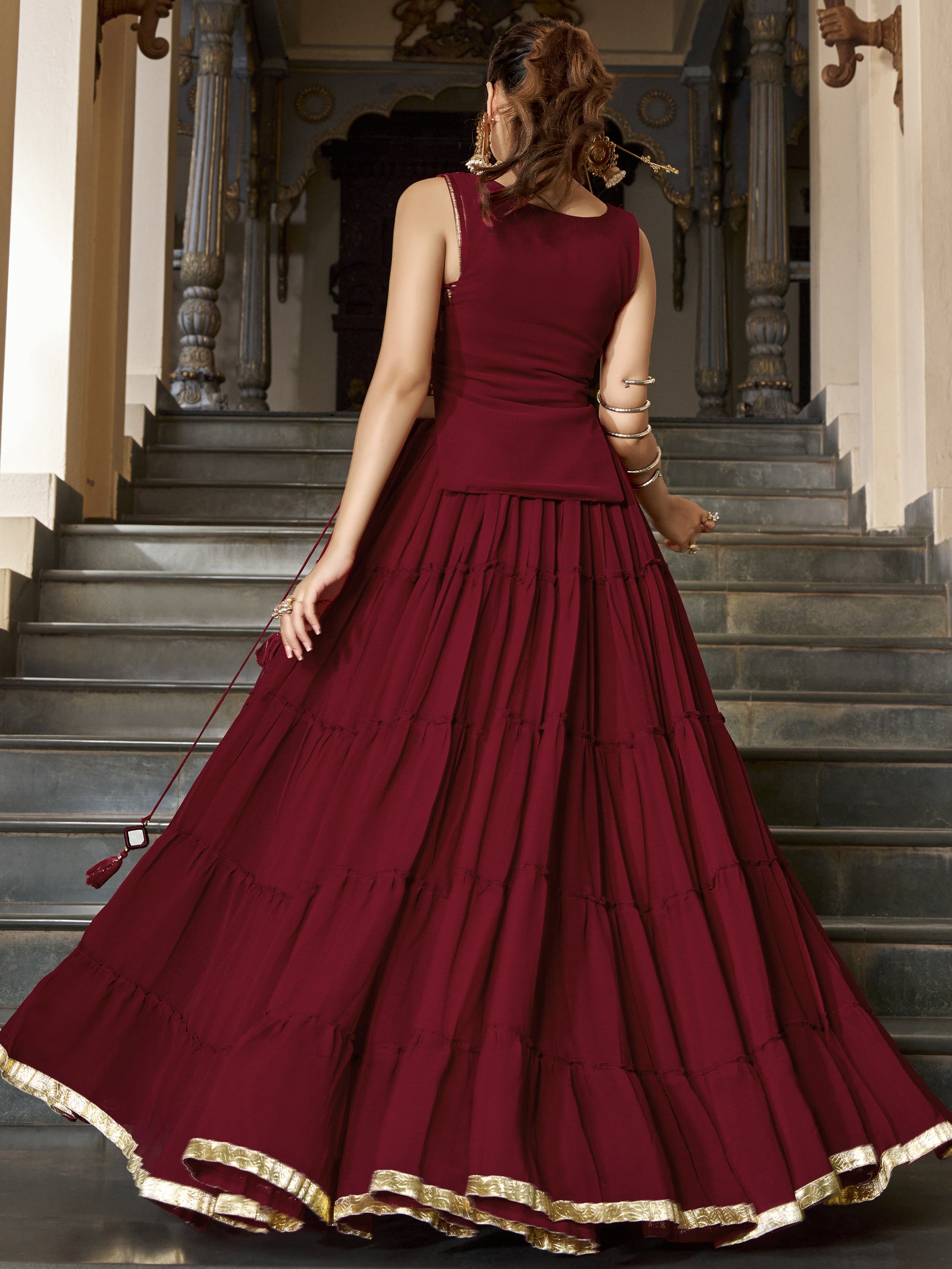 Beautiful Maroon Mirror Work Chiffon Wedding Wear Crop Top Lehenga