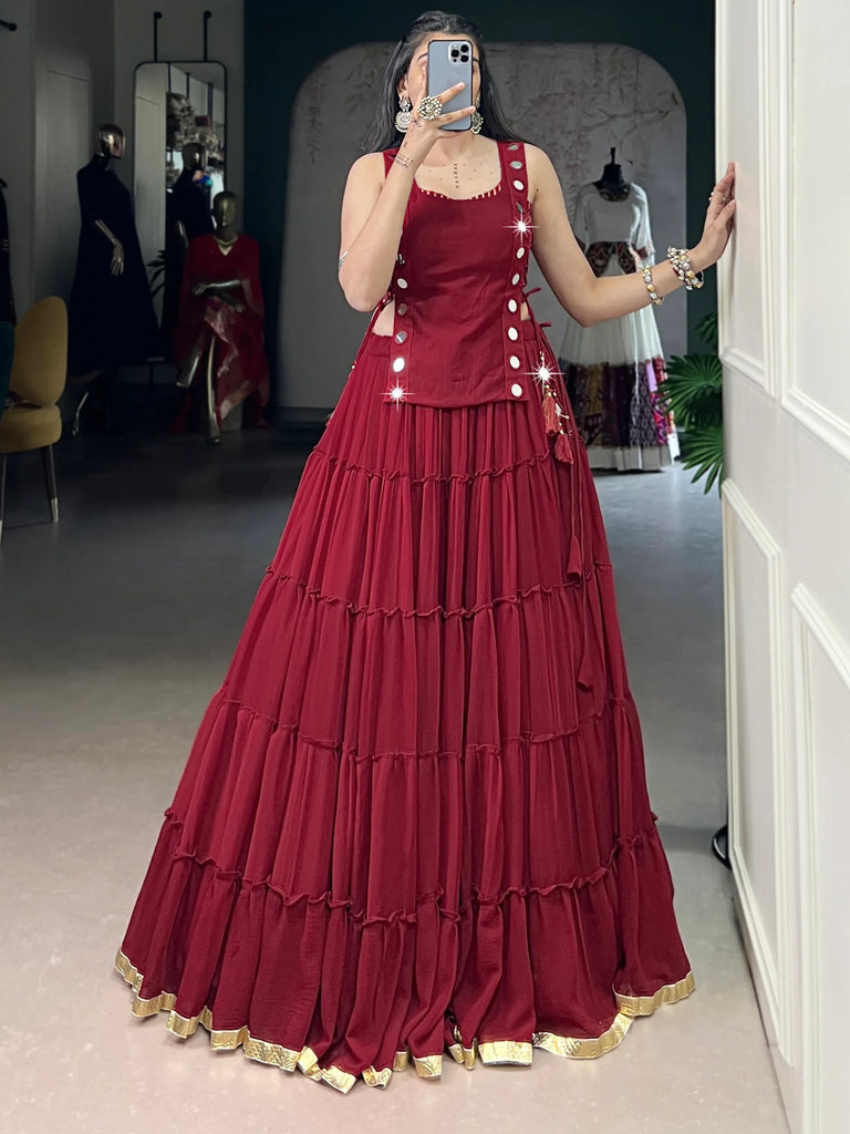 Fabulous Red Lace Work Chiffon Festive Wear Crop Top Lehenga With Koti