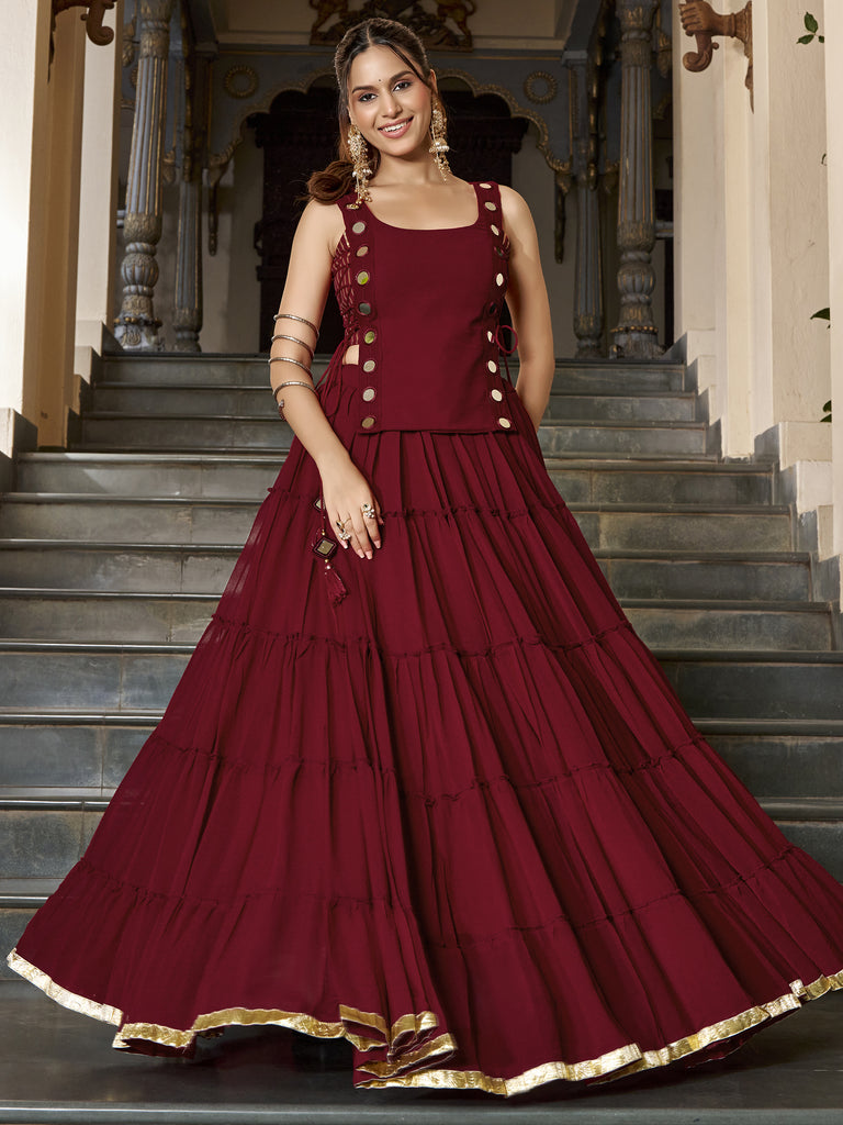 Beautiful Maroon Mirror Work Chiffon Wedding Wear Crop Top Lehenga
