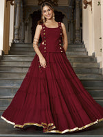 Beautiful Maroon Mirror Work Chiffon Wedding Wear Crop Top Lehenga