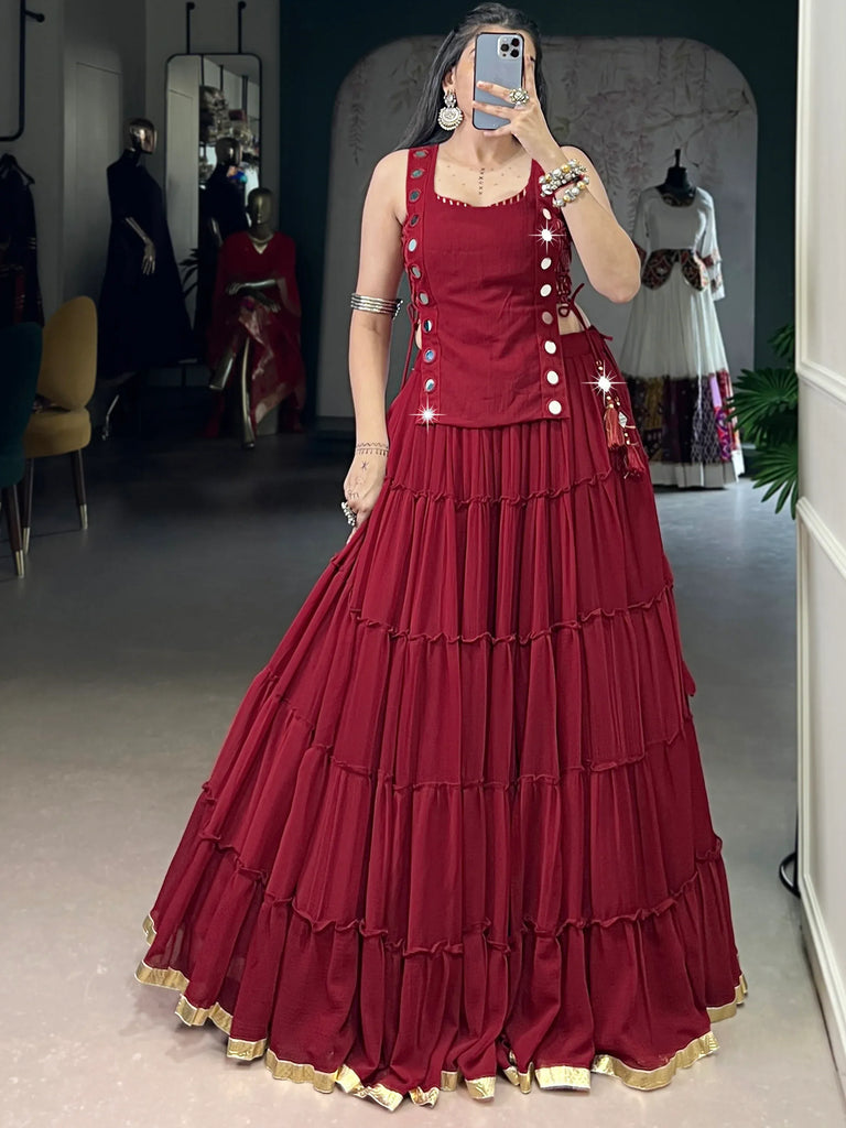 Fabulous Red Lace Work Chiffon Festive Wear Crop Top Lehenga With Koti