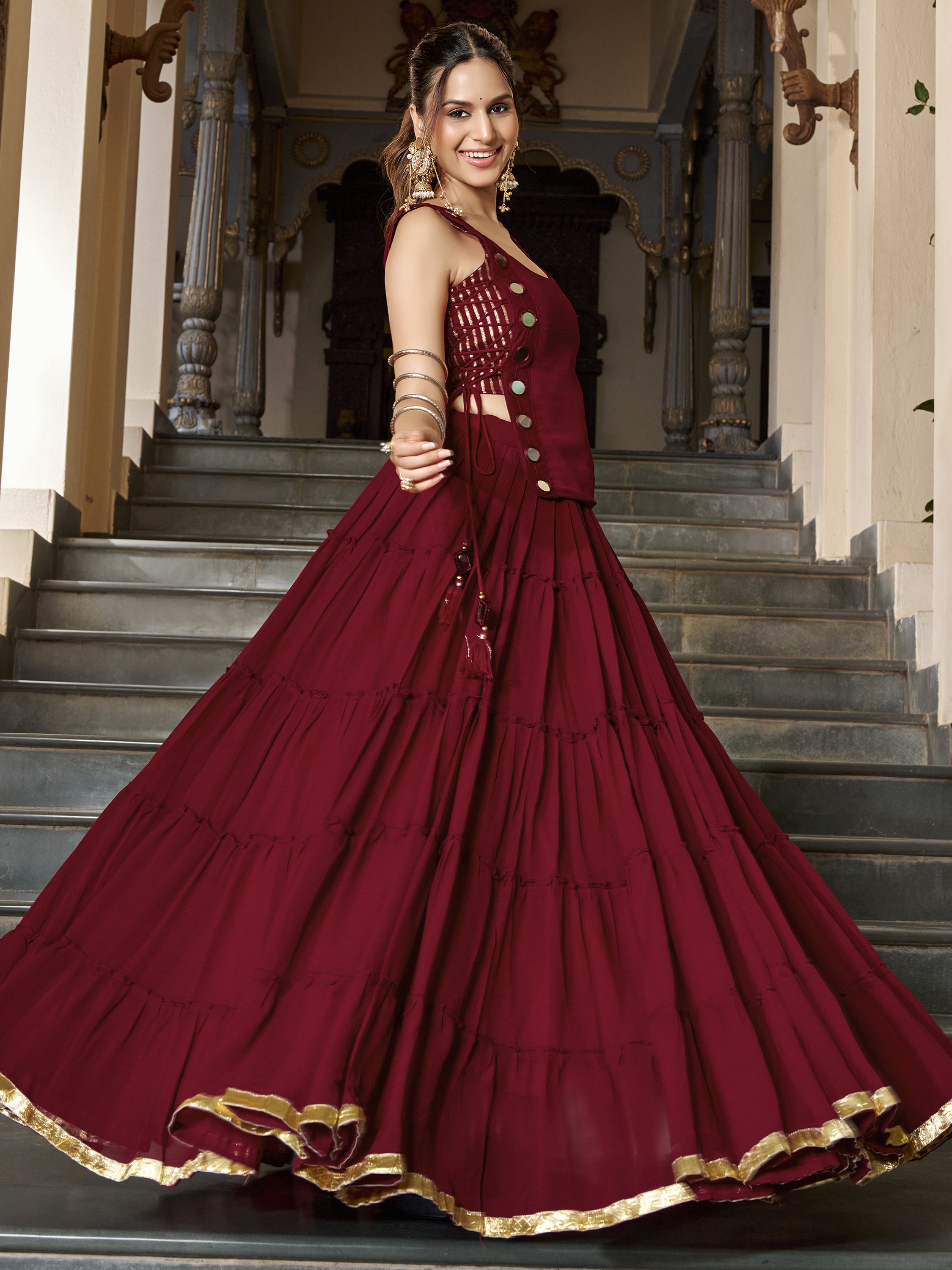 Beautiful Maroon Mirror Work Chiffon Wedding Wear Crop Top Lehenga