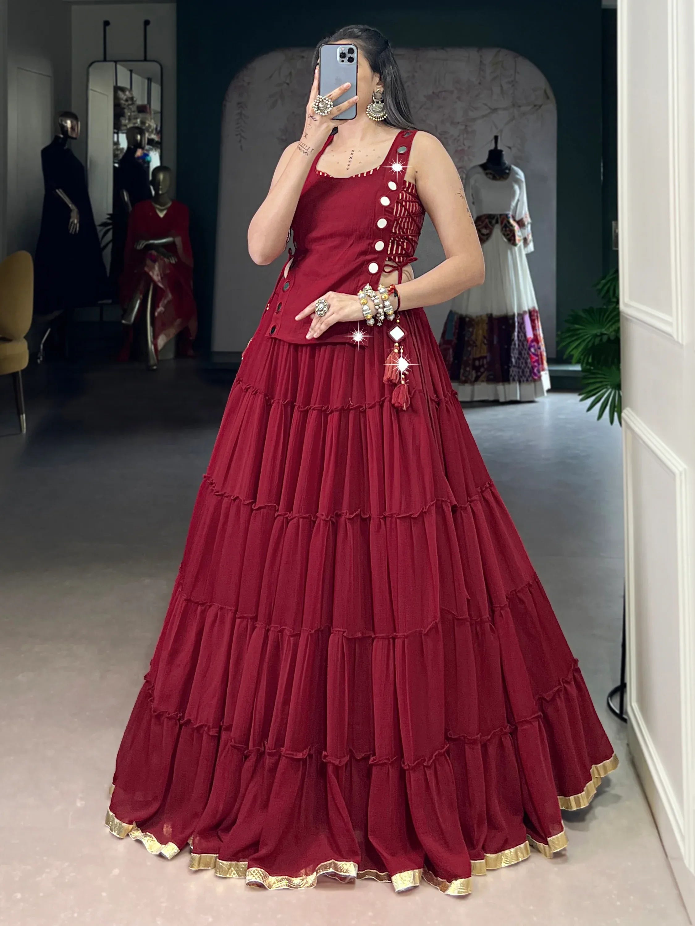 Fabulous Red Lace Work Chiffon Festive Wear Crop Top Lehenga With Koti