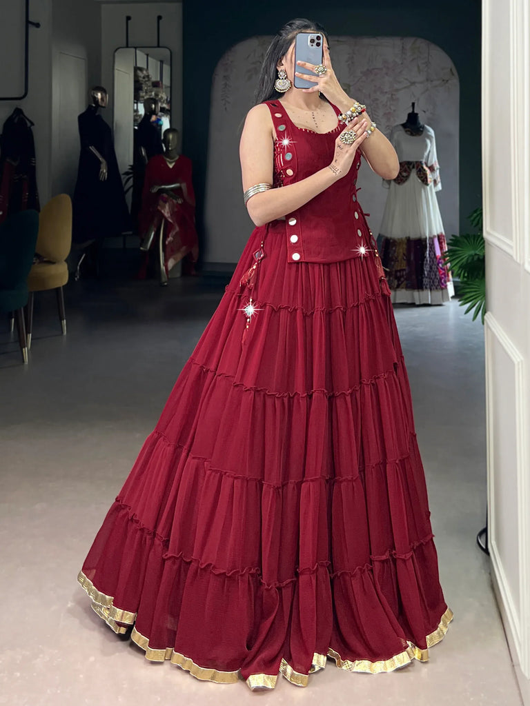 Fabulous Red Lace Work Chiffon Festive Wear Crop Top Lehenga With Koti
