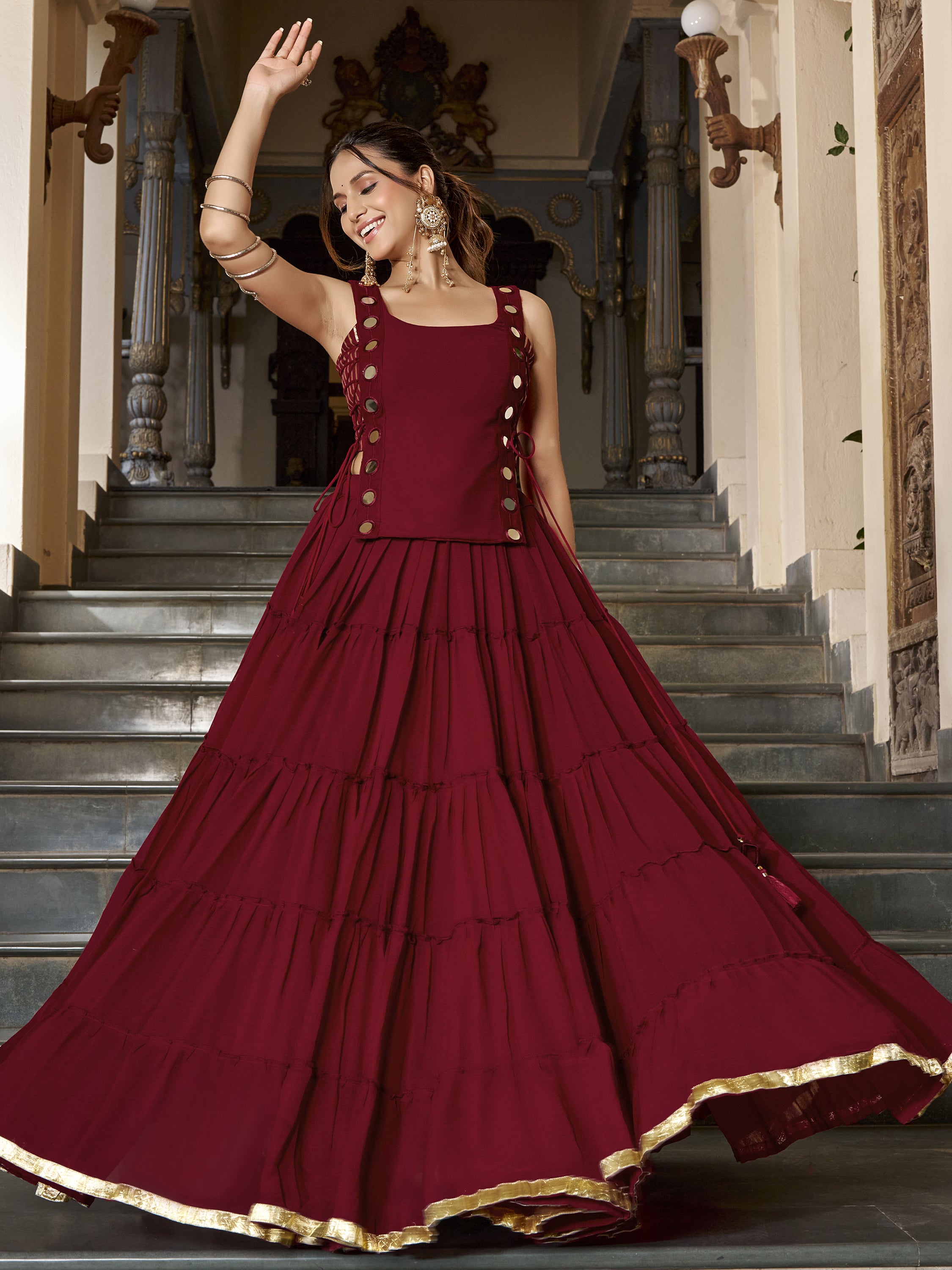 Beautiful Maroon Mirror Work Chiffon Wedding Wear Crop Top Lehenga