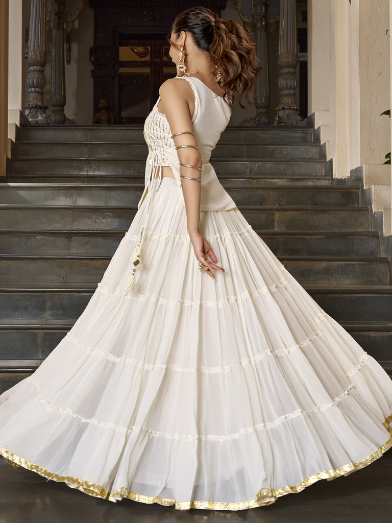 Precious White Laced Border Chiffon Festive Wear Crop Top Lehenga