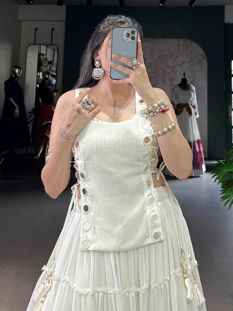 Captivating White Mirror Work Chiffon Festival Wear Crop Top Lehenga  