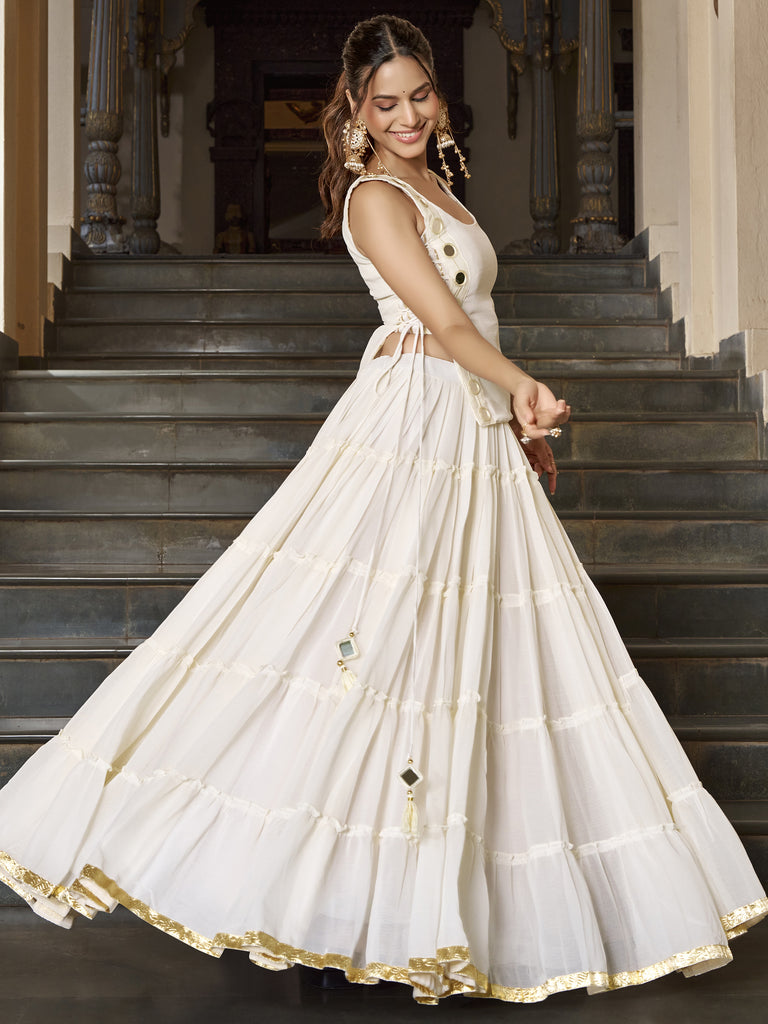 Precious White Laced Border Chiffon Festive Wear Crop Top Lehenga