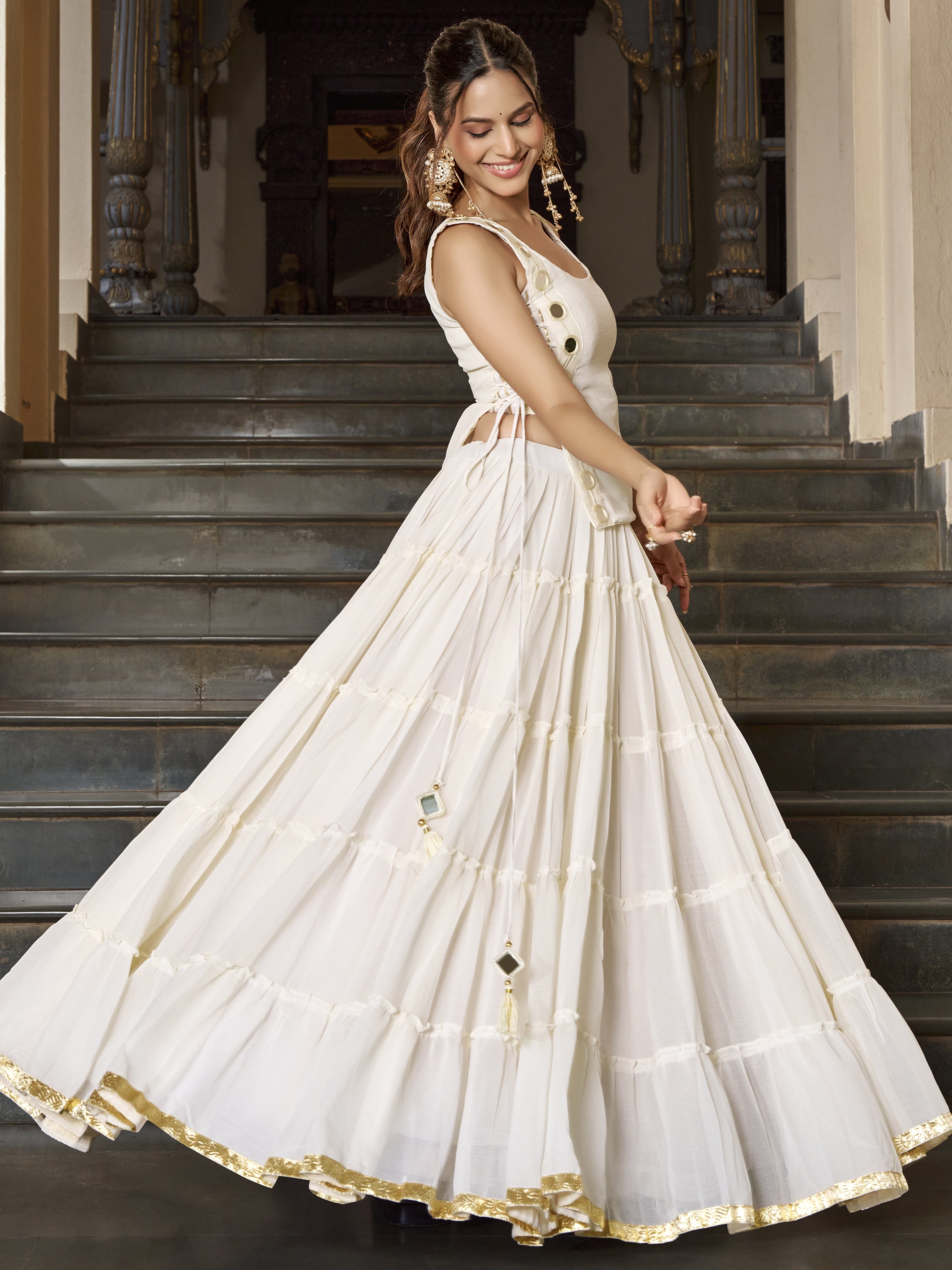 Precious White Laced Border Chiffon Festive Wear Crop Top Lehenga