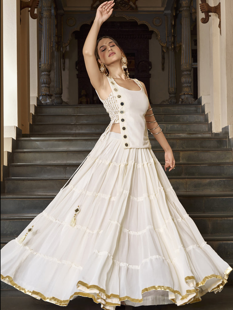Precious White Laced Border Chiffon Festive Wear Crop Top Lehenga