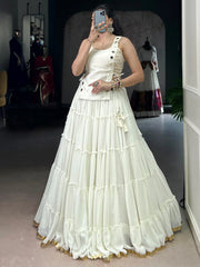 Captivating White Mirror Work Chiffon Festival Wear Crop Top Lehenga  