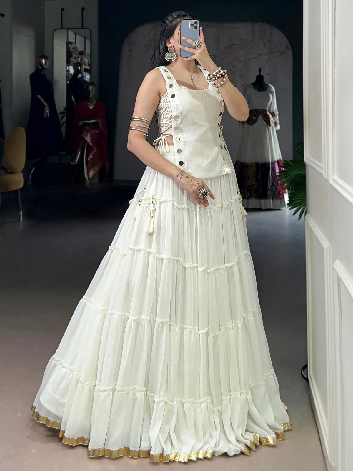 Captivating White Mirror Work Chiffon Festival Wear Crop Top Lehenga  