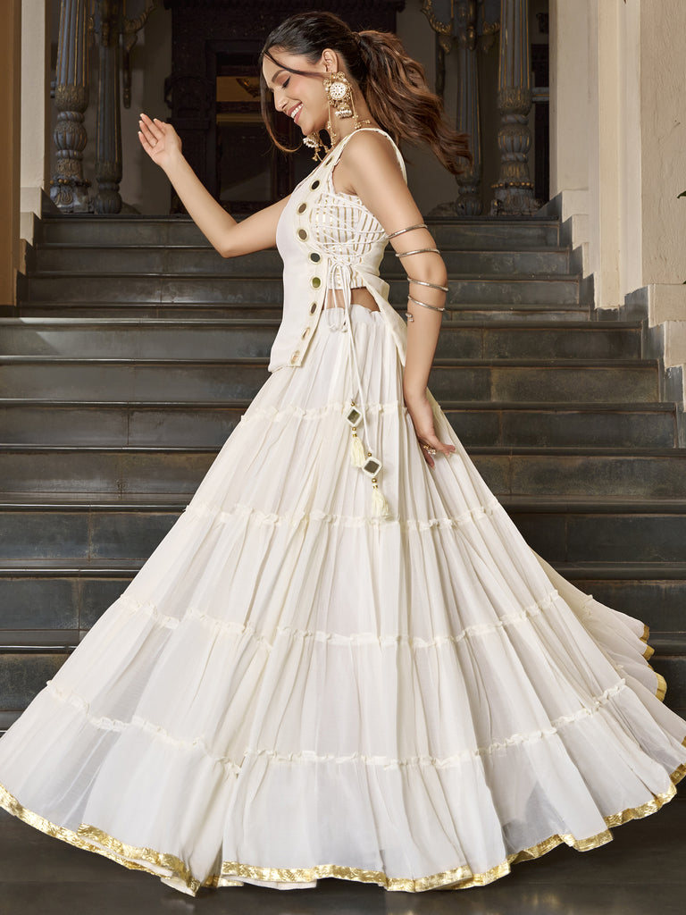 Precious White Laced Border Chiffon Festive Wear Crop Top Lehenga