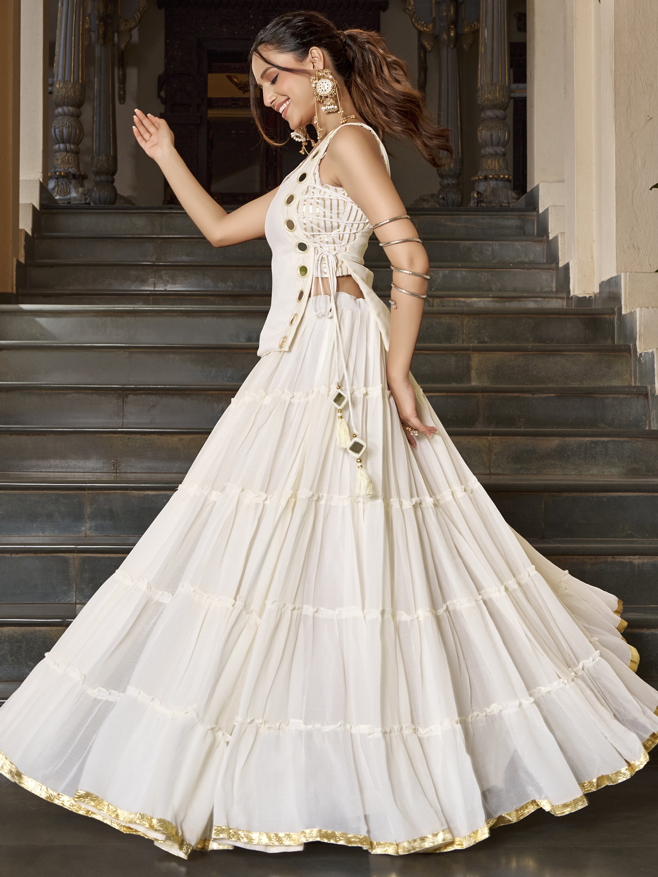 Precious White Laced Border Chiffon Festive Wear Crop Top Lehenga
