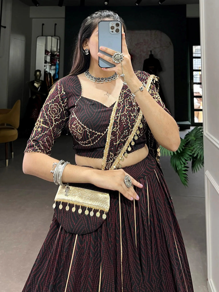 Gleaming Brown Georgette Bandhani Printed Navratri Wear Lehenga Choli