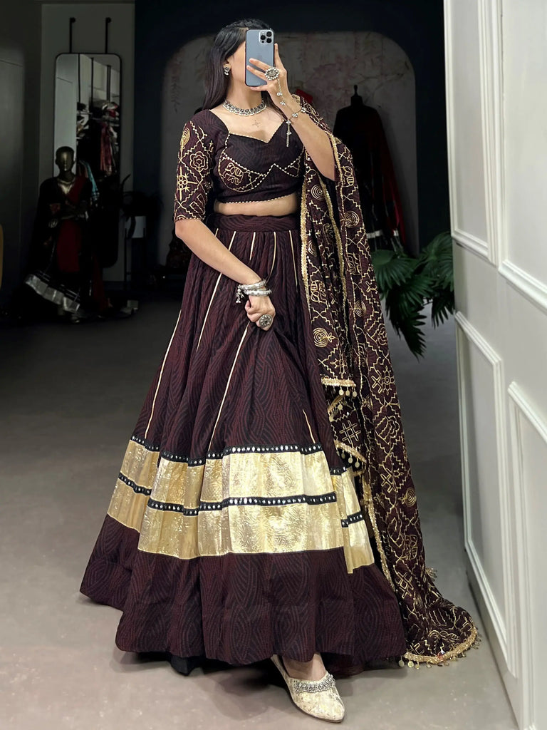 Gleaming Brown Georgette Bandhani Printed Navratri Wear Lehenga Choli