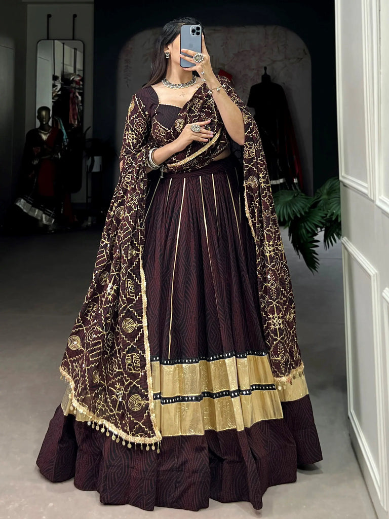 Gleaming Brown Georgette Bandhani Printed Navratri Wear Lehenga Choli