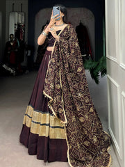 Gleaming Brown Georgette Bandhani Printed Navratri Wear Lehenga Choli