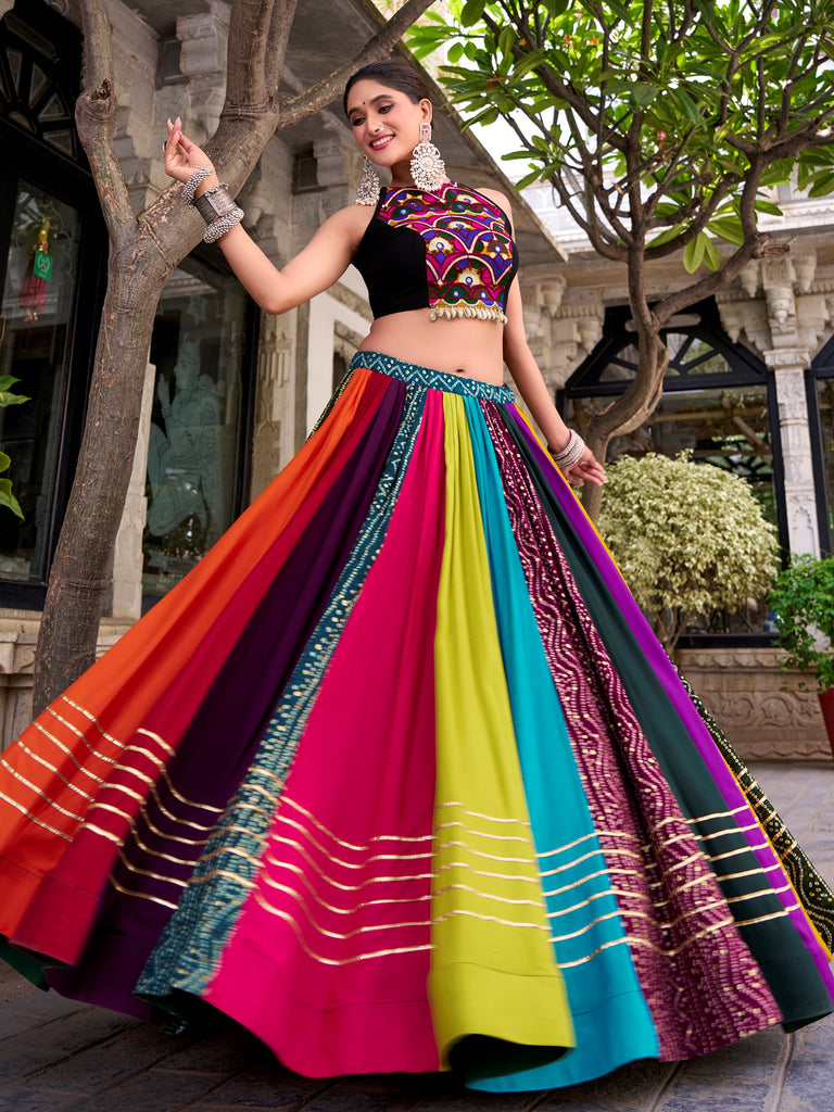 Glorious Multicolor Gota Patti Rayon Navratri Wear Crop Top Lehenga