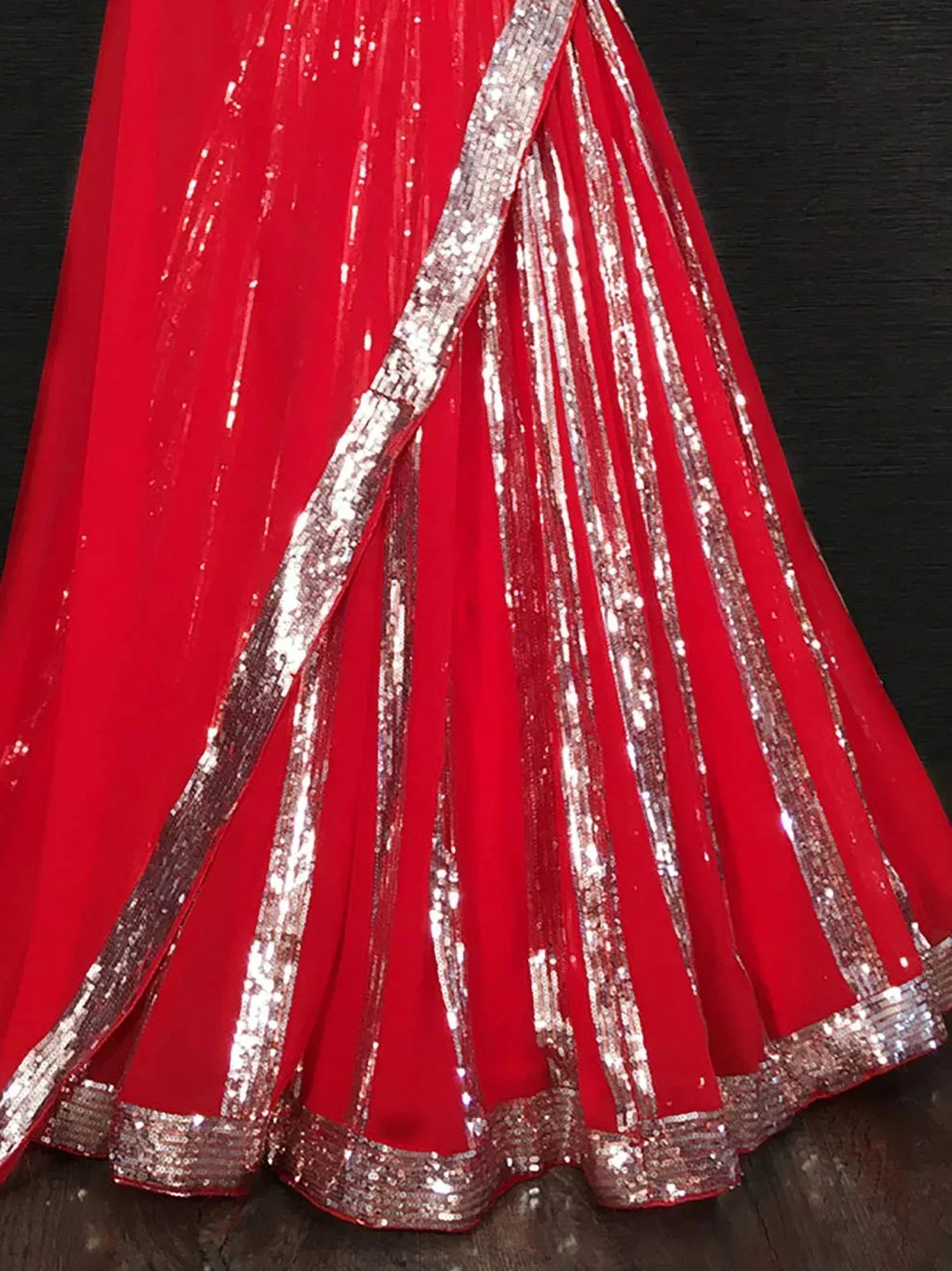 Red lehenga with silver sequin stripes and border, ethnic Indian wear