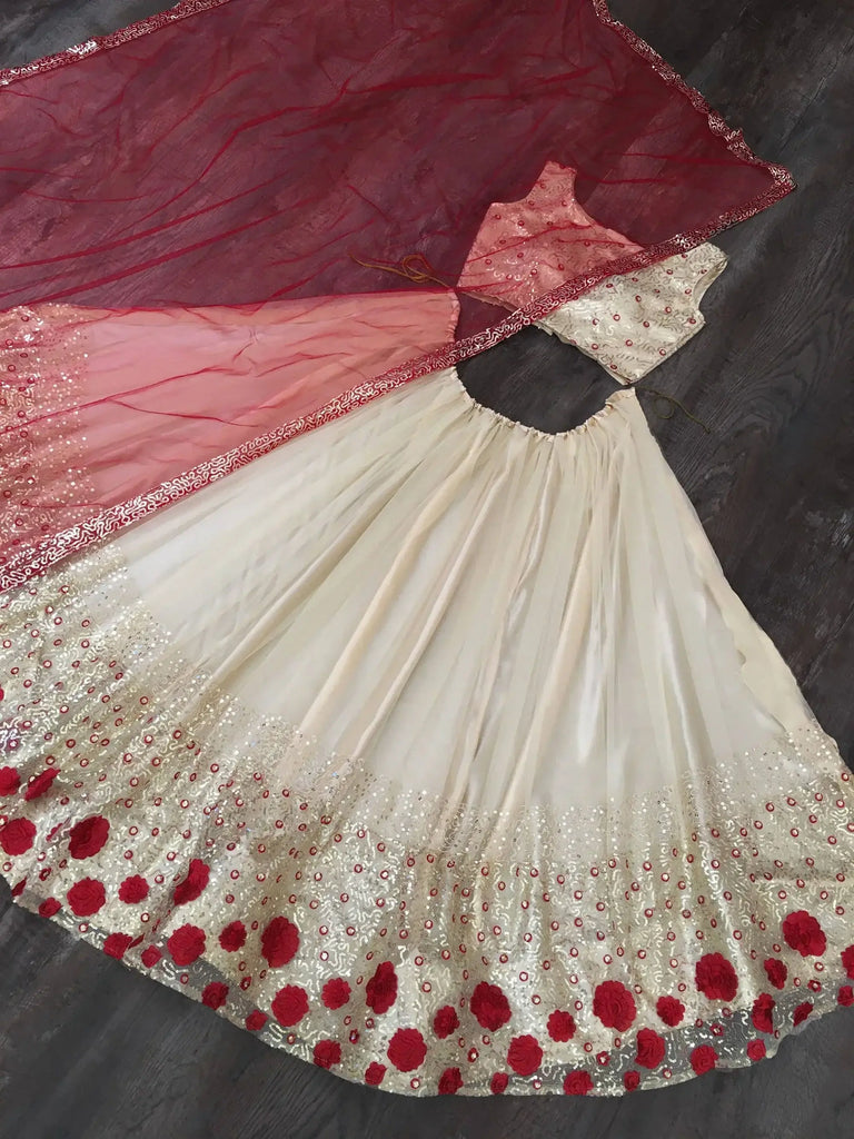 Cream Sequins Net Wedding Lehenga Choli