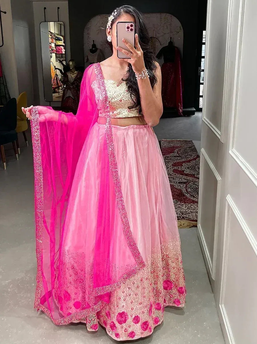 Pink embroidered lehenga choli with matching dupatta, perfect for Indian ethnic wear occasions