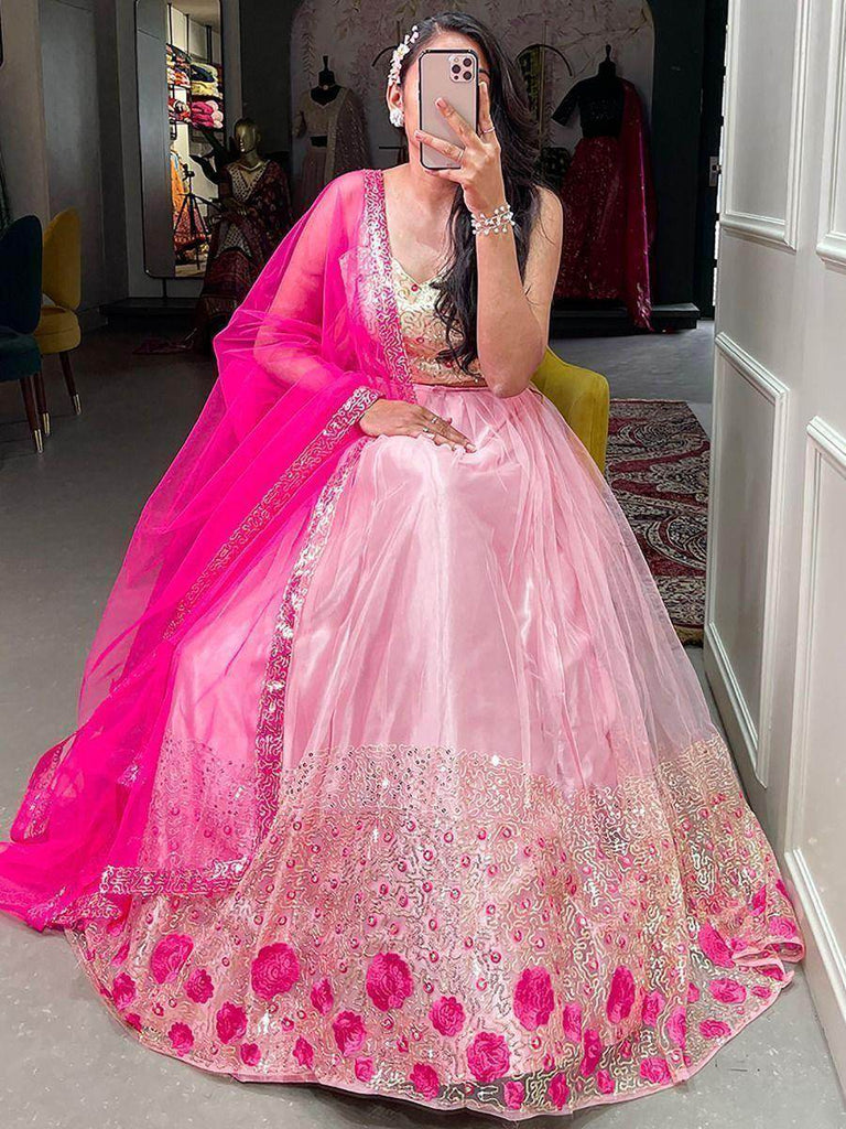Gorgeous Pink Sequins Embroidery Net Bridesmaid Lehenga Choli