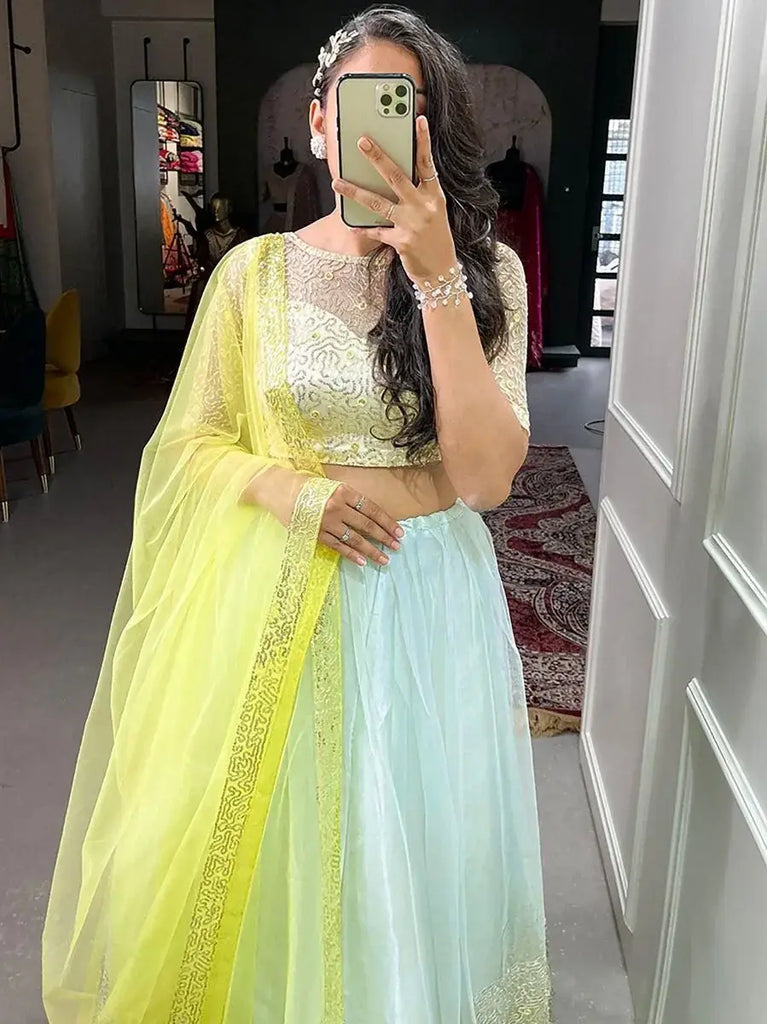 Elegant Sky-Blue Sequines Embroidery Net Party Wear Lehenga Choli