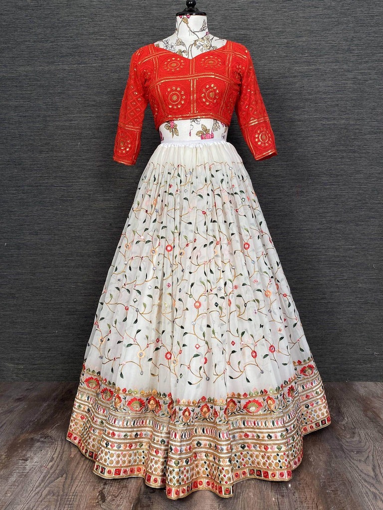 Off White Floral Embroidered Georgette Festive Wear Lehenga Choli