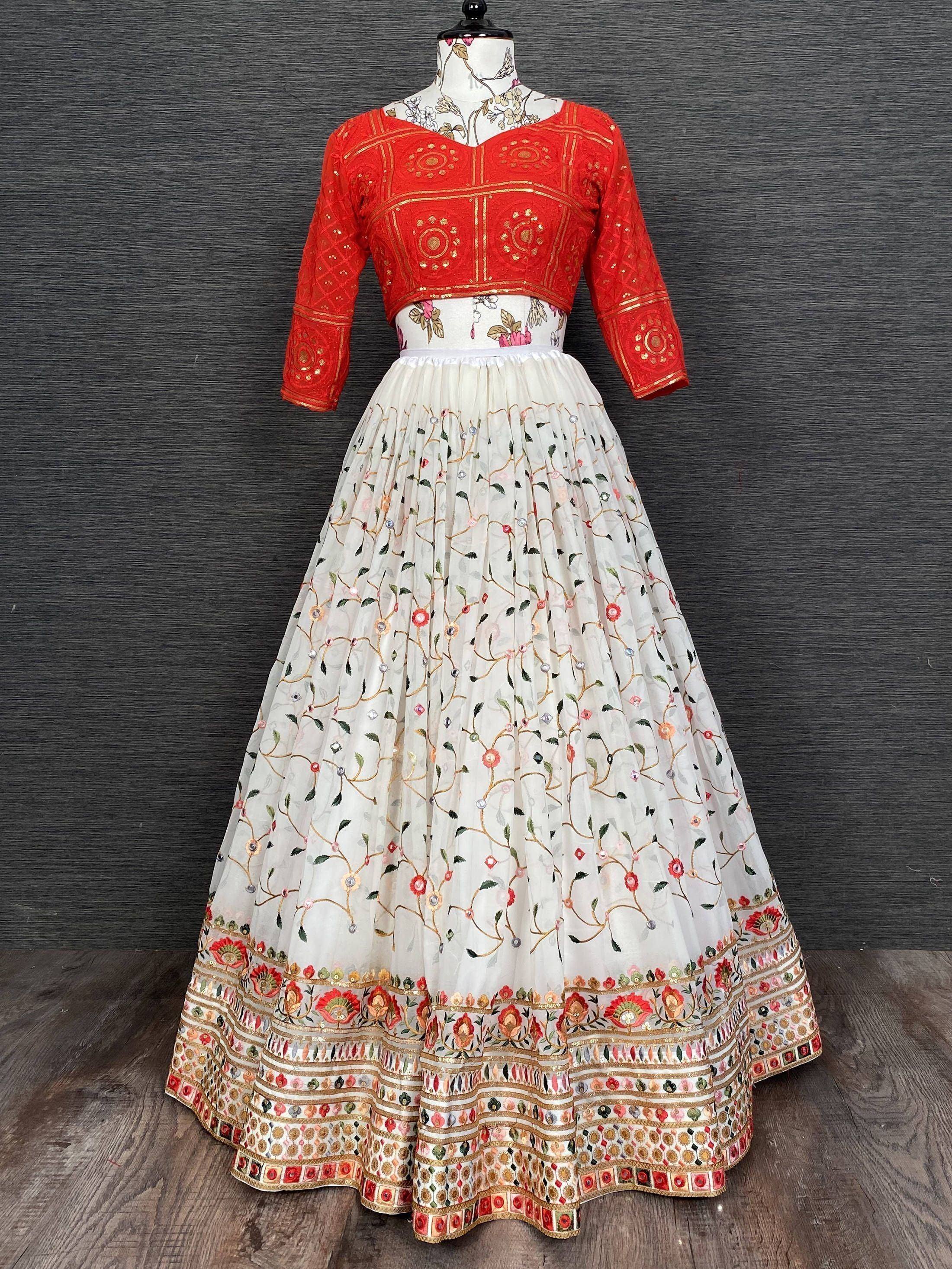 Red embroidered blouse with white floral lehenga, Indian ethnic wear for women