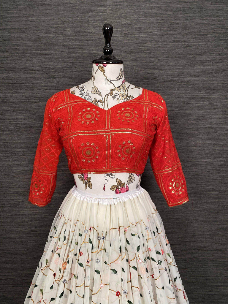 Off White Floral Embroidered Georgette Festive Wear Lehenga Choli