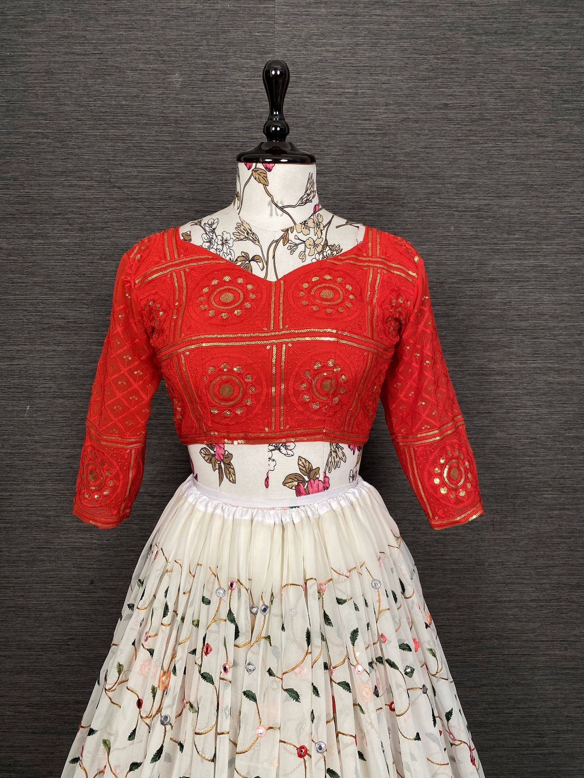 Red embroidered crop top with white floral skirt, Indian ethnic wear for women