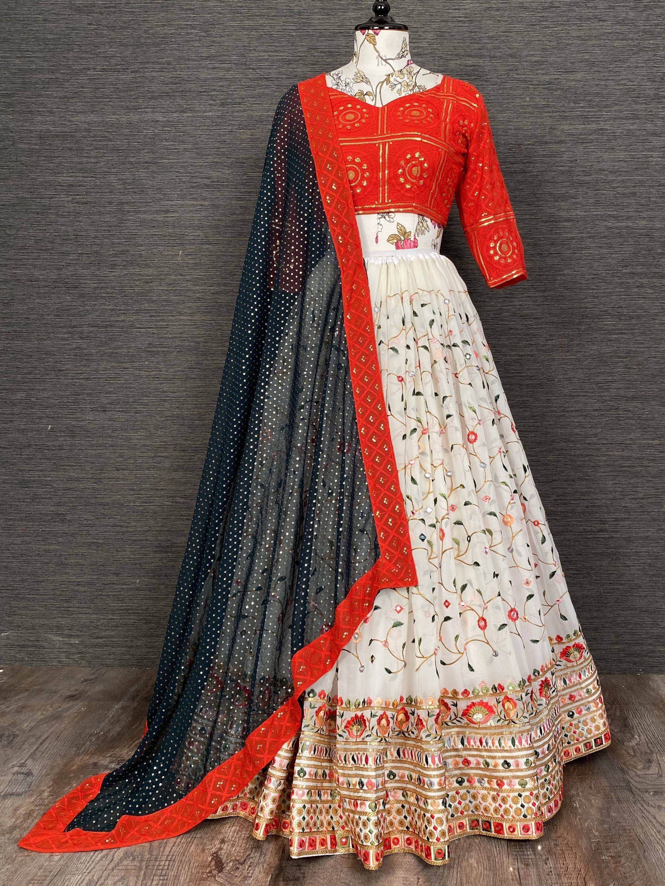 Red and white embroidered lehenga choli with floral motifs and sequined dupatta, Indian ethnic wear